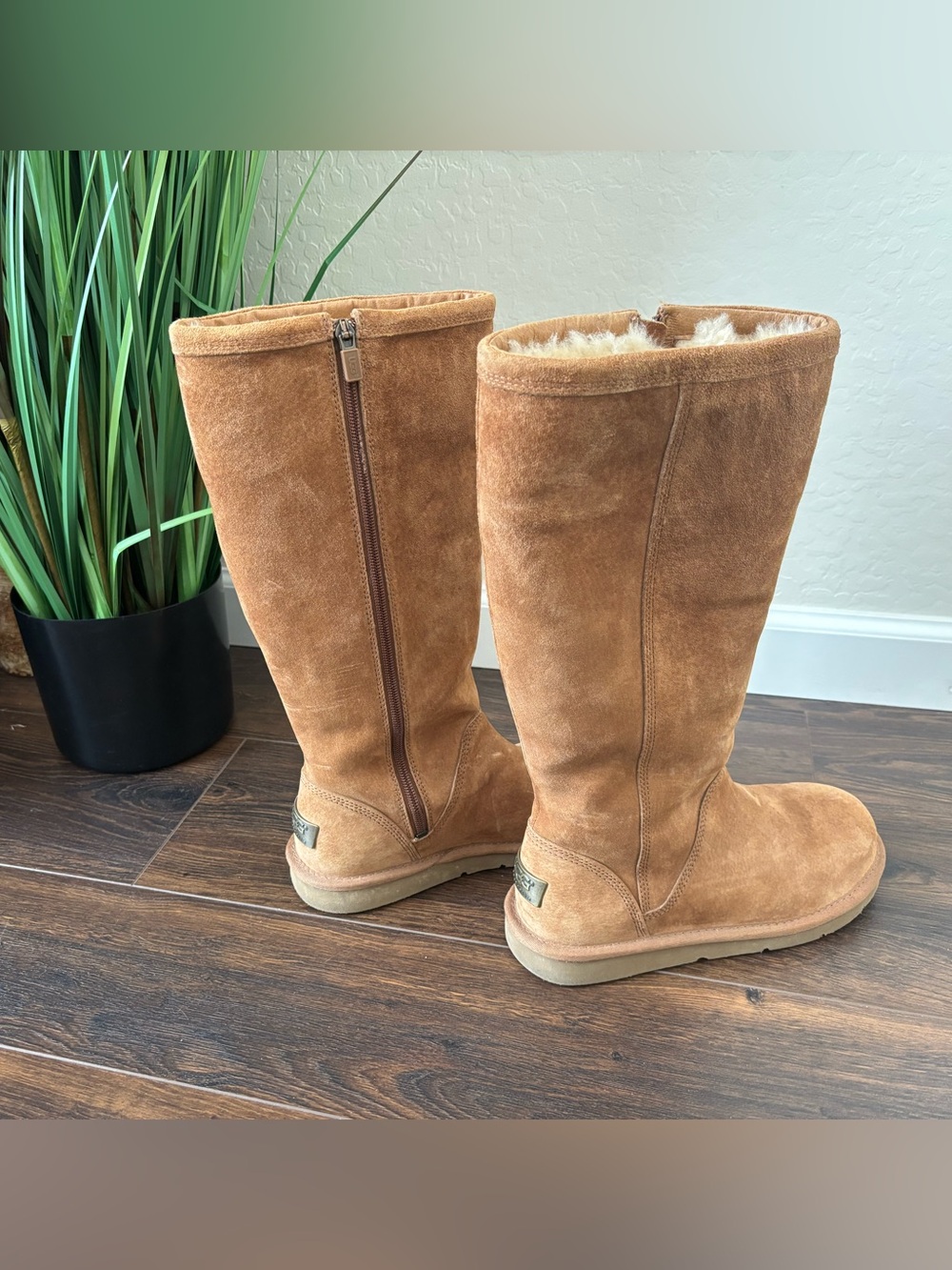 UGG Chestnut Suede Mid-Calf Boots with classic shearling